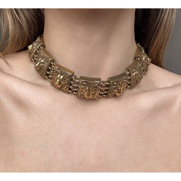 Anne Klein Couture Vintage Lion Link Choker Chunky Necklace Brushed Gold - Picture 6 of 8